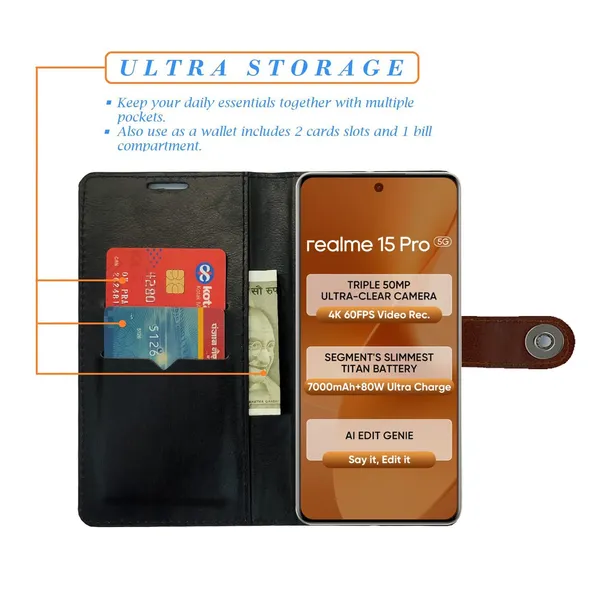 Manjoor_Brown_Flip_Cover_for_Realme_15_Pro_5G|_Leather_Finish|Shock_Proof|Magnetic_Clouser_Compatible_with_Realme_15_Pro_5G_(Brown)