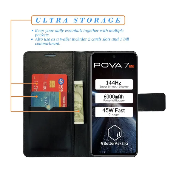 Chill_Black_Flip_Cover_for_Tecno_Pova_7_5G|_Leather_Finish|Shock_Proof|Magnetic_Clouser_Compatible_with_Tecno_Pova_7_5G_(Black)