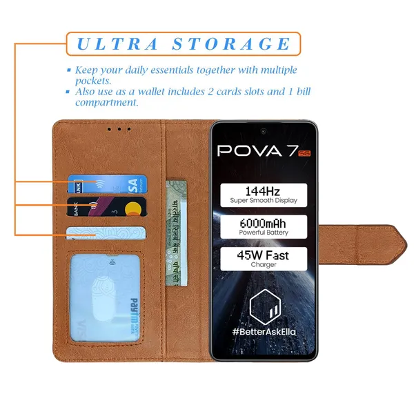 Kite_Brown_Flip_Cover_for_Tecno_Pova_7_5G|_Leather_Finish|Shock_Proof|Magnetic_Clouser_Compatible_with_Tecno_Pova_7_5G_(Brown)