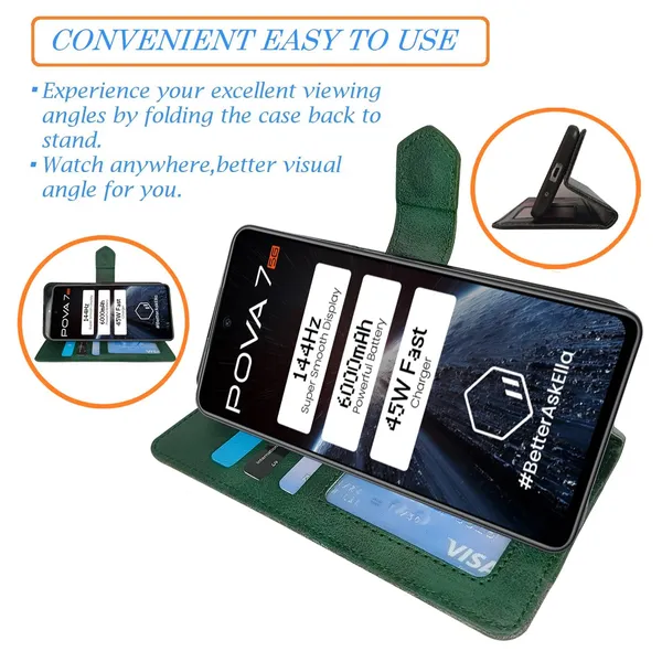 Kite_Green_Flip_Cover_for_Tecno_Pova_7_5G|_Leather_Finish|Shock_Proof|Magnetic_Clouser_Compatible_with_Tecno_Pova_7_5G_(Green)