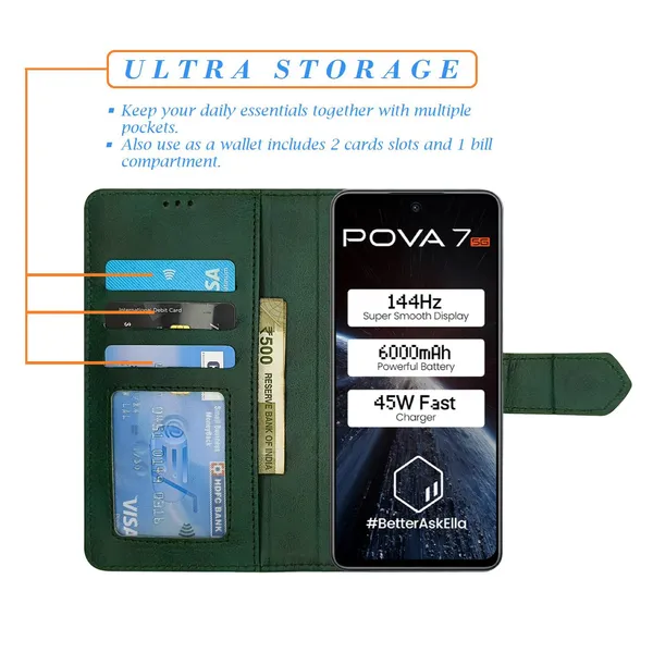 Kite_Green_Flip_Cover_for_Tecno_Pova_7_5G|_Leather_Finish|Shock_Proof|Magnetic_Clouser_Compatible_with_Tecno_Pova_7_5G_(Green)