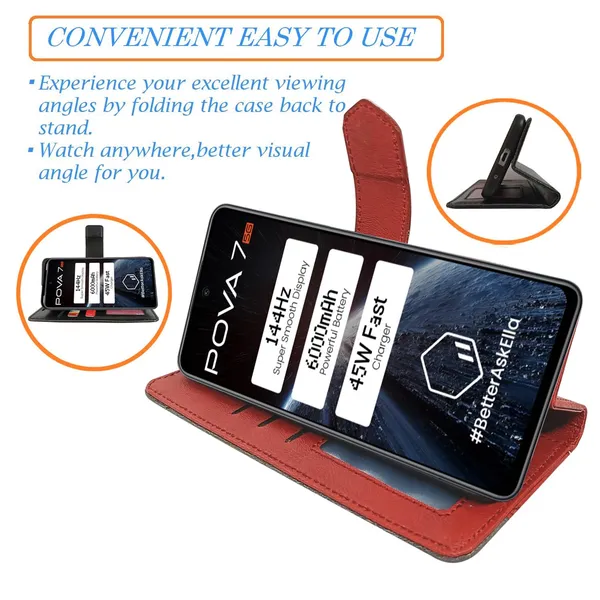 Kite_Red_Flip_Cover_for_Tecno_Pova_7_5G|_Leather_Finish|Shock_Proof|Magnetic_Clouser_Compatible_with_Tecno_Pova_7_5G_(Red)