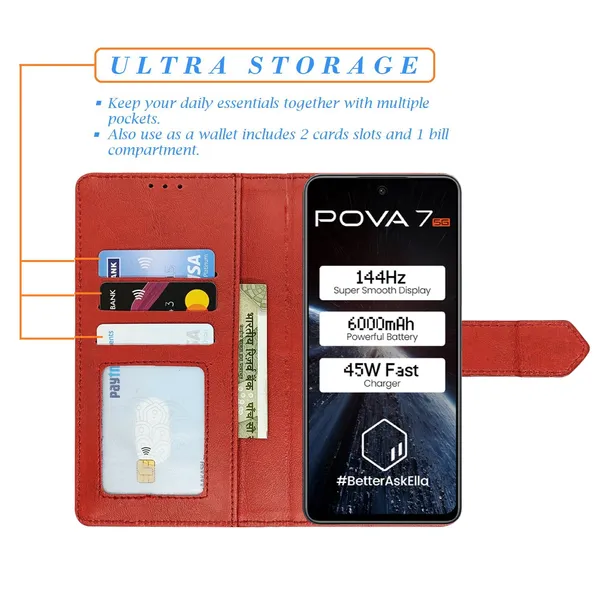 Kite_Red_Flip_Cover_for_Tecno_Pova_7_5G|_Leather_Finish|Shock_Proof|Magnetic_Clouser_Compatible_with_Tecno_Pova_7_5G_(Red)