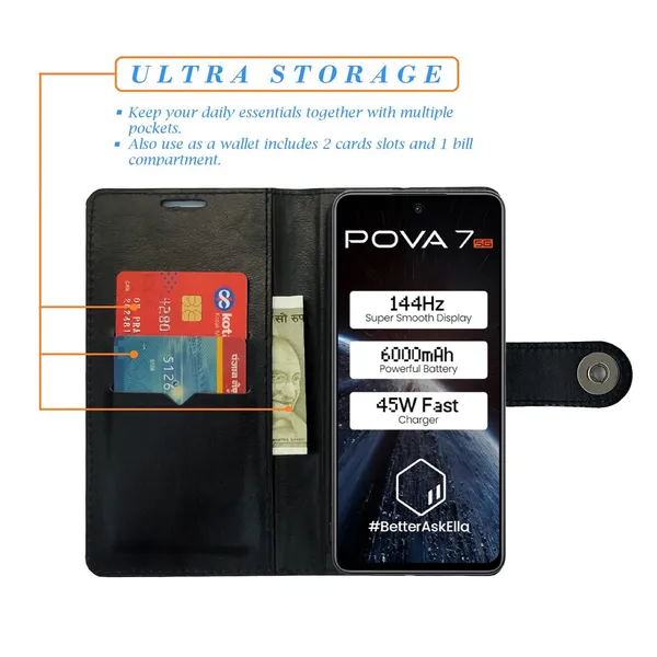 Manjoor_Black_Flip_Cover_for_Tecno_Pova_7_5G|_Leather_Finish|Shock_Proof|Magnetic_Clouser_Compatible_with_Tecno_Pova_7_5G_(Black)