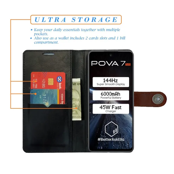 Manjoor_Brown_Flip_Cover_for_Tecno_Pova_7_5G|_Leather_Finish|Shock_Proof|Magnetic_Clouser_Compatible_with_Tecno_Pova_7_5G_(Brown)
