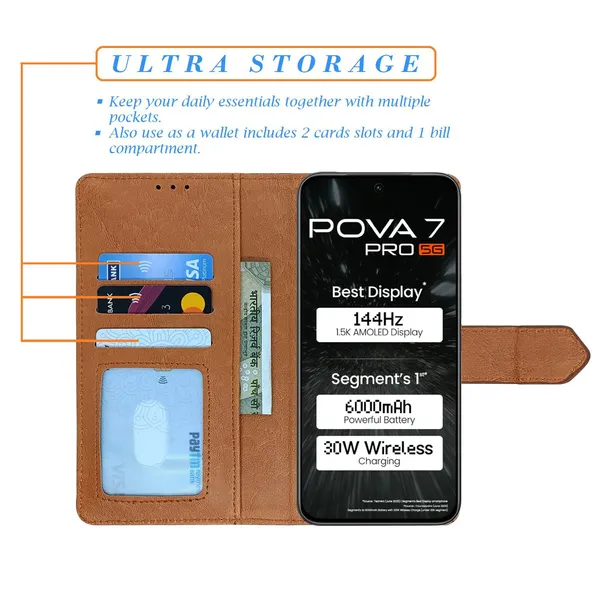 Kite_Brown_Flip_Cover_for_Tecno_Pova_7_Pro_5G|_Leather_Finish|Shock_Proof|Magnetic_Clouser_Compatible_with_Tecno_Pova_7_Pro_5G_(Brown)