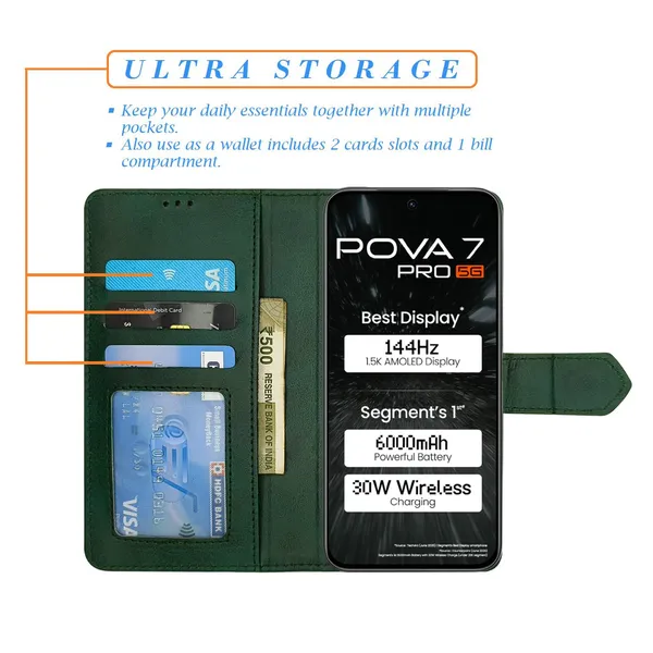Kite_Green_Flip_Cover_for_Tecno_Pova_7_Pro_5G|_Leather_Finish|Shock_Proof|Magnetic_Clouser_Compatible_with_Tecno_Pova_7_Pro_5G_(Green)
