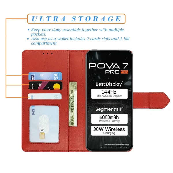 Kite_Red_Flip_Cover_for_Tecno_Pova_7_Pro_5G|_Leather_Finish|Shock_Proof|Magnetic_Clouser_Compatible_with_Tecno_Pova_7_Pro_5G_(Red)