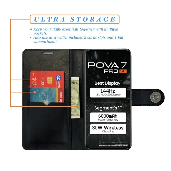 Manjoor_Black_Flip_Cover_for_Tecno_Pova_7_Pro_5G|_Leather_Finish|Shock_Proof|Magnetic_Clouser_Compatible_with_Tecno_Pova_7_Pro_5G_(Black)