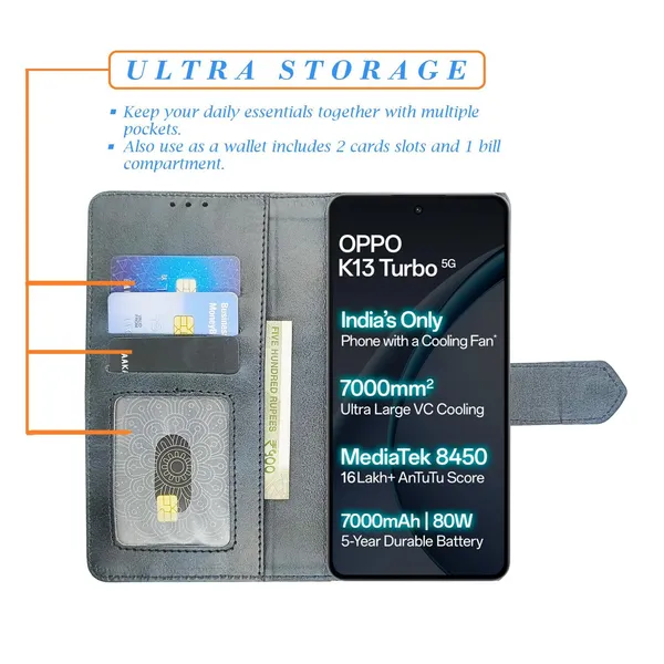 Kite_Blue_Flip_Cover_for_Oppo_K13_Turbo_5G|_Leather_Finish|Shock_Proof|Magnetic_Clouser_Compatible_with_Oppo_K13_Turbo_5G_(Blue)