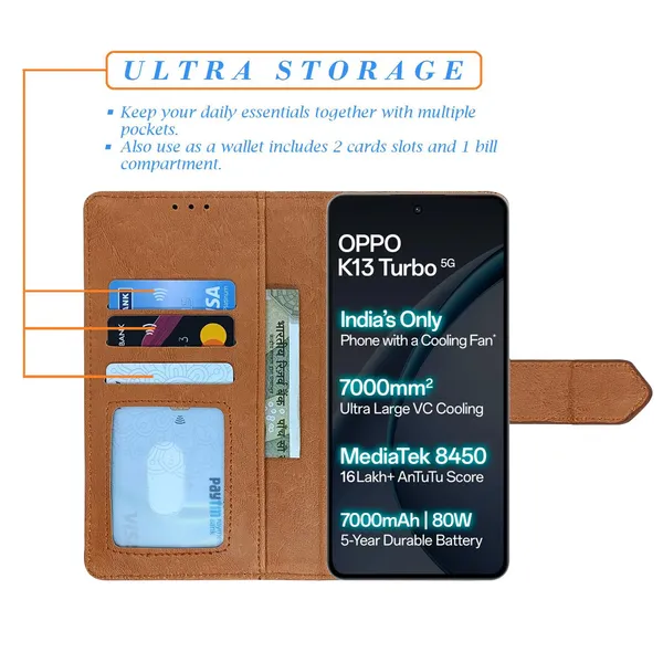 Kite_Brown_Flip_Cover_for_Oppo_K13_Turbo_5G|_Leather_Finish|Shock_Proof|Magnetic_Clouser_Compatible_with_Oppo_K13_Turbo_5G_(Brown)