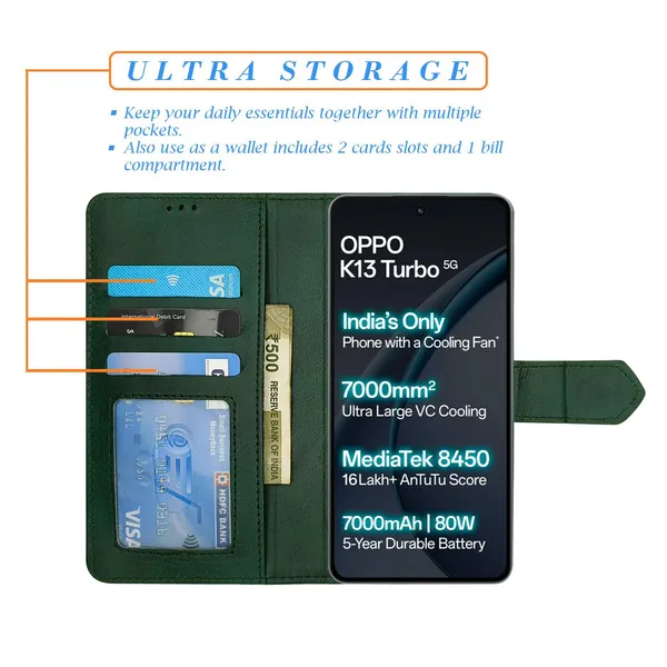 Kite_Green_Flip_Cover_for_Oppo_K13_Turbo_5G|_Leather_Finish|Shock_Proof|Magnetic_Clouser_Compatible_with_Oppo_K13_Turbo_5G_(Green)