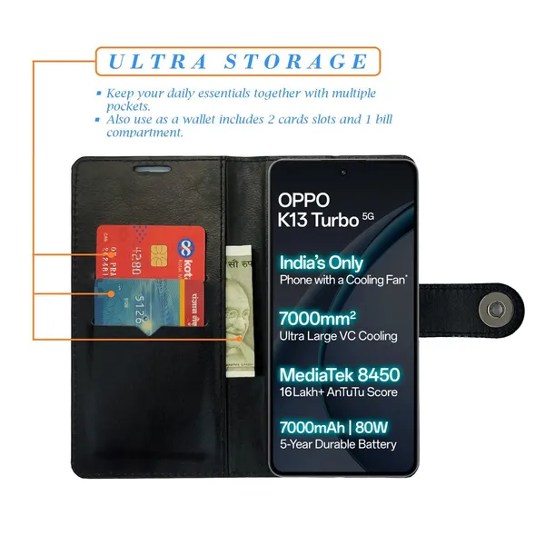 Manjoor_Black_Flip_Cover_for_Oppo_K13_Turbo_5G|_Leather_Finish|Shock_Proof|Magnetic_Clouser_Compatible_with_Oppo_K13_Turbo_5G_(Black)