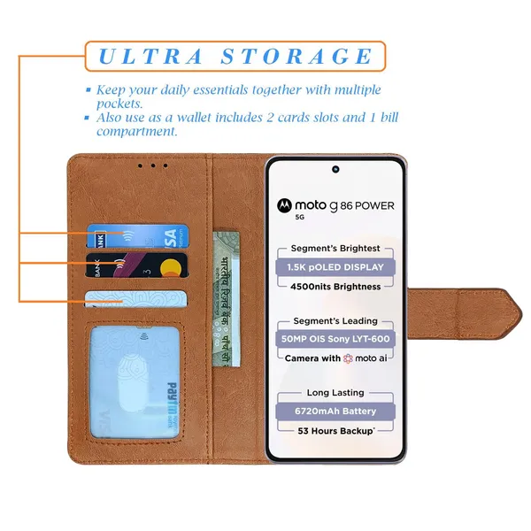 Kite_Brown_Flip_Cover_for_Moto_G86_Power_5G|_Leather_Finish|Shock_Proof|Magnetic_Clouser_Compatible_with_Moto_G86_Power_5G_(Brown)