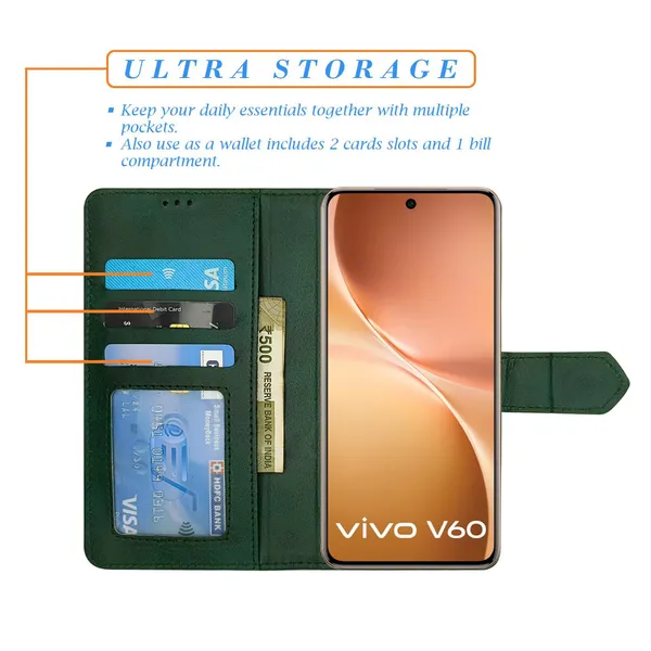 Kite_Green_Flip_Cover_for_Vivo_V60_5G|_Leather_Finish|Shock_Proof|Magnetic_Clouser_Compatible_with_Vivo_V60_5G_(Green)