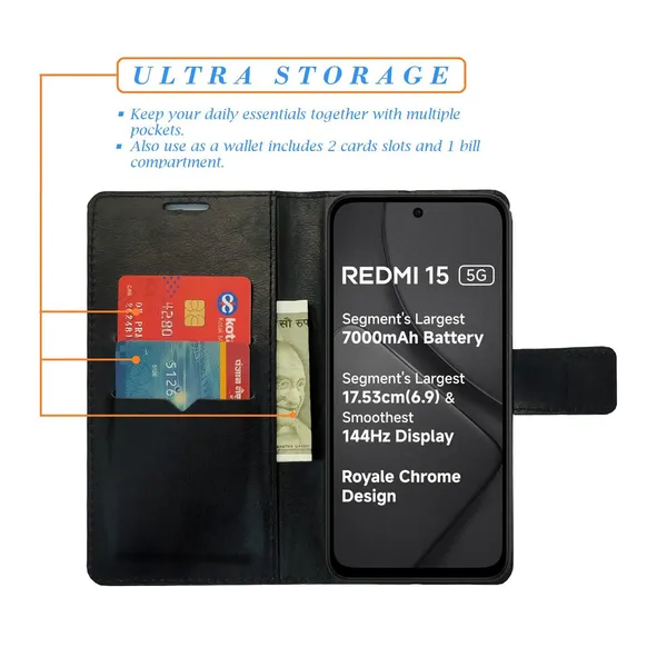 Brown_Tower_Flip_Cover_for_Redmi_15_5G|_Leather_Finish|Shock_Proof|Magnetic_Clouser_Compatible_with_Redmi_15_5G_(Brown)