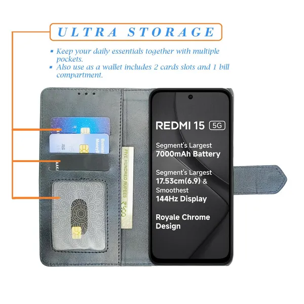 Kite_Blue_Flip_Cover_for_Redmi_15_5G|_Leather_Finish|Shock_Proof|Magnetic_Clouser_Compatible_with_Redmi_15_5G_(Blue)