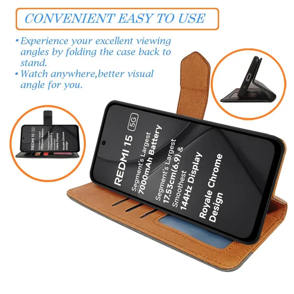 Kite_Brown_Flip_Cover_for_Redmi_15_5G|_Leather_Finish|Shock_Proof|Magnetic_Clouser_Compatible_with_Redmi_15_5G_(Brown)