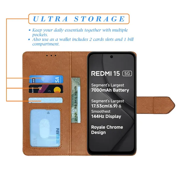 Kite_Brown_Flip_Cover_for_Redmi_15_5G|_Leather_Finish|Shock_Proof|Magnetic_Clouser_Compatible_with_Redmi_15_5G_(Brown)