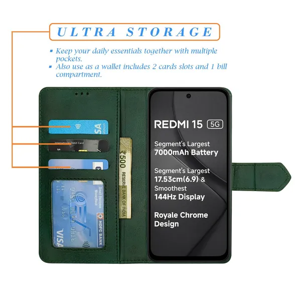 Kite_Green_Flip_Cover_for_Redmi_15_5G|_Leather_Finish|Shock_Proof|Magnetic_Clouser_Compatible_with_Redmi_15_5G_(Green)