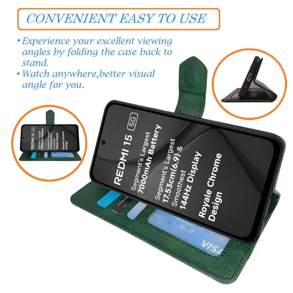 Kite_Green_Flip_Cover_for_Redmi_15_5G|_Leather_Finish|Shock_Proof|Magnetic_Clouser_Compatible_with_Redmi_15_5G_(Green)