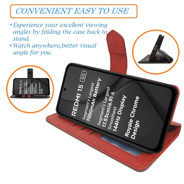 Kite_Red_Flip_Cover_for_Redmi_15_5G|_Leather_Finish|Shock_Proof|Magnetic_Clouser_Compatible_with_Redmi_15_5G_(Red)