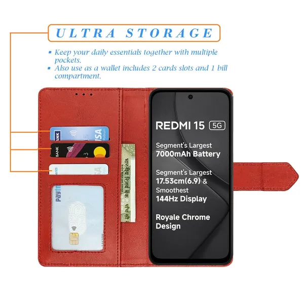 Kite_Red_Flip_Cover_for_Redmi_15_5G|_Leather_Finish|Shock_Proof|Magnetic_Clouser_Compatible_with_Redmi_15_5G_(Red)