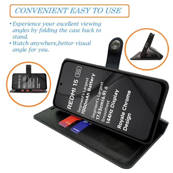 Manjoor_Black_Flip_Cover_for_Redmi_15_5G|_Leather_Finish|Shock_Proof|Magnetic_Clouser_Compatible_with_Redmi_15_5G_(Black)