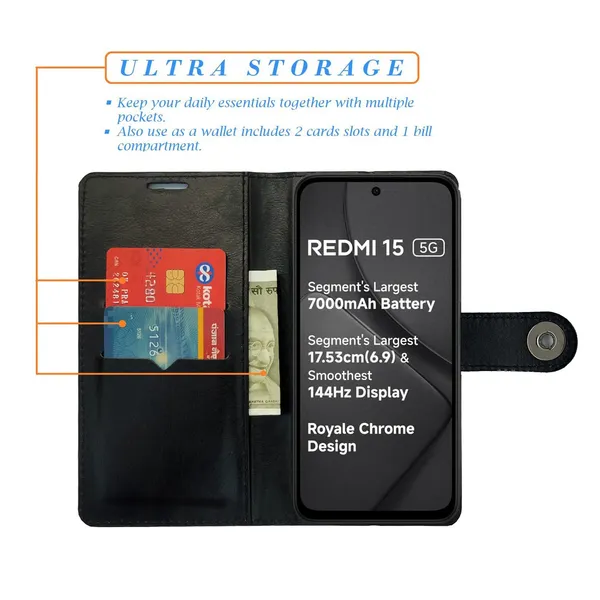 Manjoor_Black_Flip_Cover_for_Redmi_15_5G|_Leather_Finish|Shock_Proof|Magnetic_Clouser_Compatible_with_Redmi_15_5G_(Black)