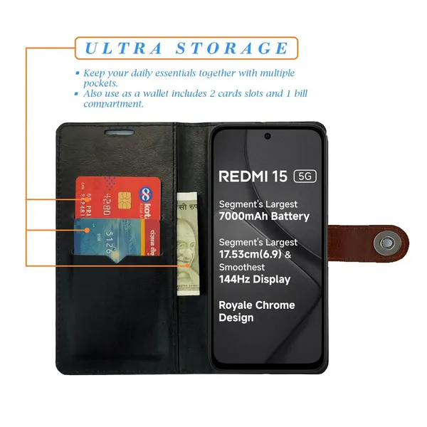 Manjoor_Brown_Flip_Cover_for_Redmi_15_5G|_Leather_Finish|Shock_Proof|Magnetic_Clouser_Compatible_with_Redmi_15_5G_(Brown)