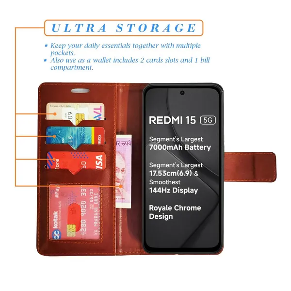 Brown_GP_Flip_Cover_for_Redmi_15_5G|_Leather_Finish|Shock_Proof|Magnetic_Clouser_Compatible_with_Redmi_15_5G_(Brown)