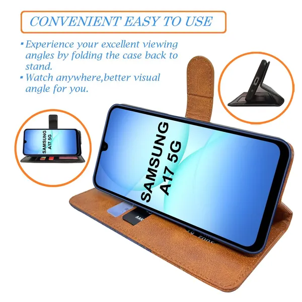 Khadi_Blue_Flip_Cover_for_Samsung_A17_5G|_Leather_Finish|Shock_Proof|Magnetic_Clouser_Compatible_with_Samsung_A17_5G_(Blue)