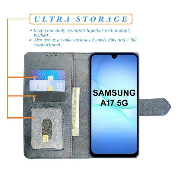 Kite_Blue_Flip_Cover_for_Samsung_A17_5G|_Leather_Finish|Shock_Proof|Magnetic_Clouser_Compatible_with_Samsung_A17_5G_(Blue)