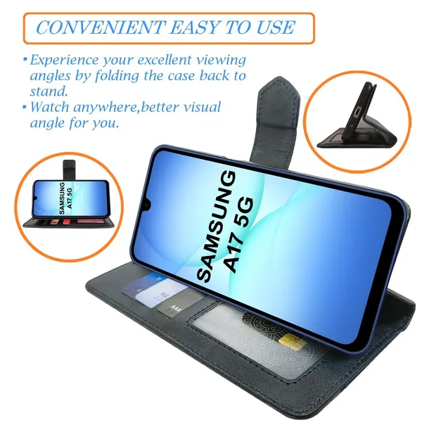 Kite_Blue_Flip_Cover_for_Samsung_A17_5G|_Leather_Finish|Shock_Proof|Magnetic_Clouser_Compatible_with_Samsung_A17_5G_(Blue)