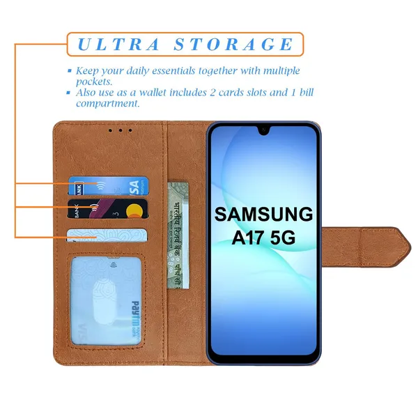 Kite_Brown_Flip_Cover_for_Samsung_A17_5G|_Leather_Finish|Shock_Proof|Magnetic_Clouser_Compatible_with_Samsung_A17_5G_(Brown)