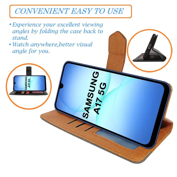 Kite_Brown_Flip_Cover_for_Samsung_A17_5G|_Leather_Finish|Shock_Proof|Magnetic_Clouser_Compatible_with_Samsung_A17_5G_(Brown)