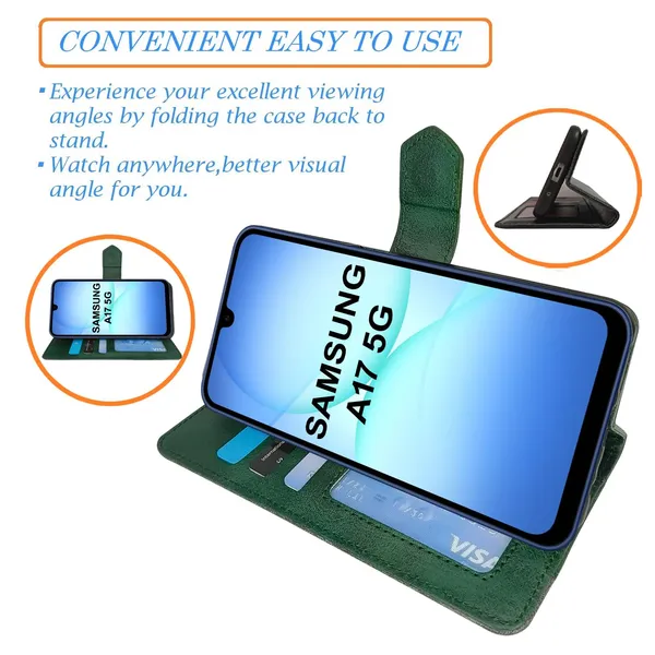 Kite_Green_Flip_Cover_for_Samsung_A17_5G|_Leather_Finish|Shock_Proof|Magnetic_Clouser_Compatible_with_Samsung_A17_5G_(Green)