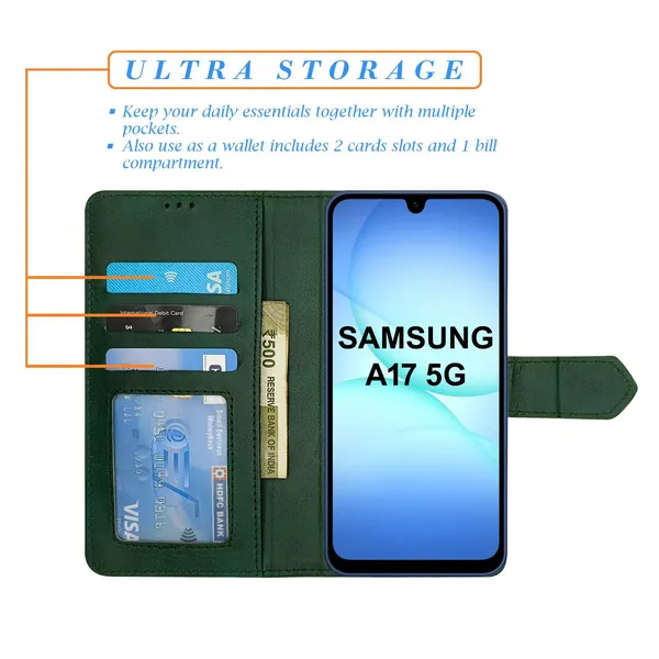 Kite_Green_Flip_Cover_for_Samsung_A17_5G|_Leather_Finish|Shock_Proof|Magnetic_Clouser_Compatible_with_Samsung_A17_5G_(Green)
