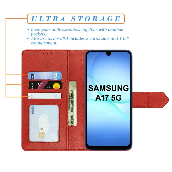 Kite_Red_Flip_Cover_for_Samsung_A17_5G|_Leather_Finish|Shock_Proof|Magnetic_Clouser_Compatible_with_Samsung_A17_5G_(Red)