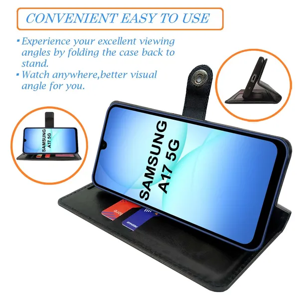 Manjoor_Black_Flip_Cover_for_Samsung_A17_5G|_Leather_Finish|Shock_Proof|Magnetic_Clouser_Compatible_with_Samsung_A17_5G_(Black)