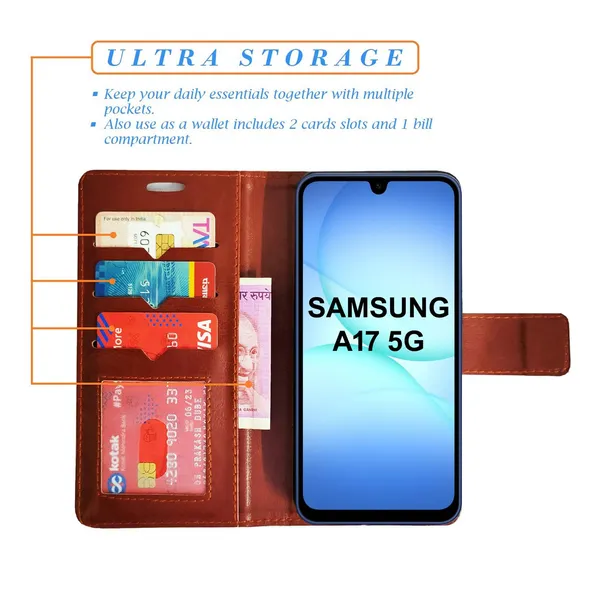 Brown_GP_Flip_Cover_for_Samsung_A17_5G|_Leather_Finish|Shock_Proof|Magnetic_Clouser_Compatible_with_Samsung_A17_5G_(Brown)