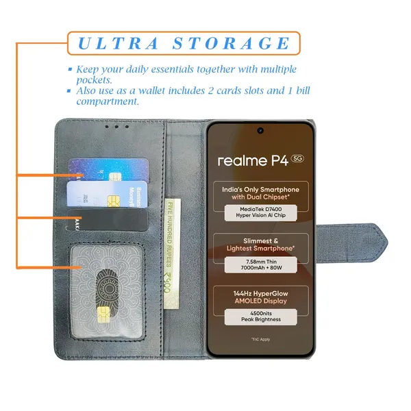 Kite_Blue_Flip_Cover_for_Realme_P4_5G|_Leather_Finish|Shock_Proof|Magnetic_Clouser_Compatible_with_Realme_P4_5G_(Blue)