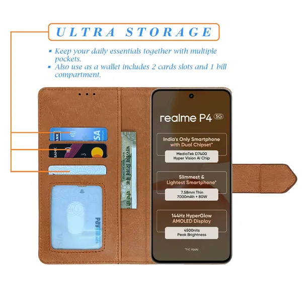 Kite_Brown_Flip_Cover_for_Realme_P4_5G|_Leather_Finish|Shock_Proof|Magnetic_Clouser_Compatible_with_Realme_P4_5G_(Brown)