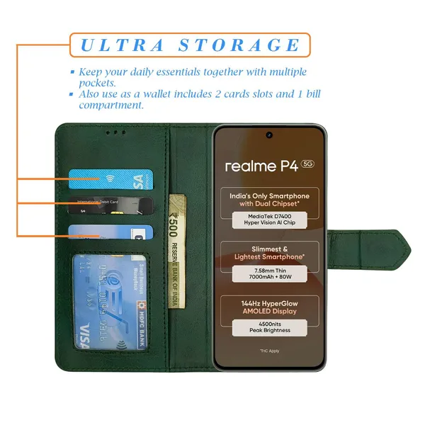 Kite_Green_Flip_Cover_for_Realme_P4_5G|_Leather_Finish|Shock_Proof|Magnetic_Clouser_Compatible_with_Realme_P4_5G_(Green)