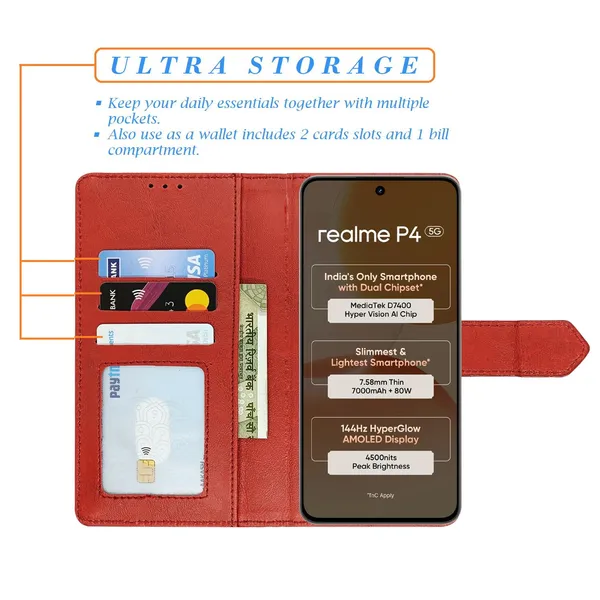 Kite_Red_Flip_Cover_for_Realme_P4_5G|_Leather_Finish|Shock_Proof|Magnetic_Clouser_Compatible_with_Realme_P4_5G_(Red)