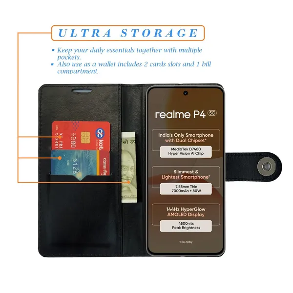 Manjoor_Black_Flip_Cover_for_Realme_P4_5G|_Leather_Finish|Shock_Proof|Magnetic_Clouser_Compatible_with_Realme_P4_5G_(Black)