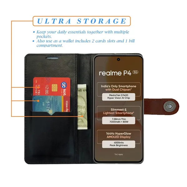 Manjoor_Brown_Flip_Cover_for_Realme_P4_5G|_Leather_Finish|Shock_Proof|Magnetic_Clouser_Compatible_with_Realme_P4_5G_(Brown)