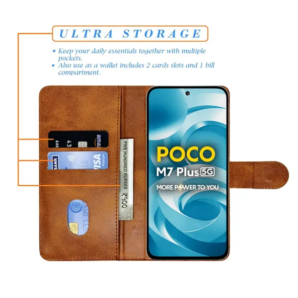 Khadi_Brown_Flip_Cover_for_Poco_M7_Plus_5G|_Leather_Finish|Shock_Proof|Magnetic_Clouser_Compatible_with_Poco_M7_Plus_5G_(Brown)