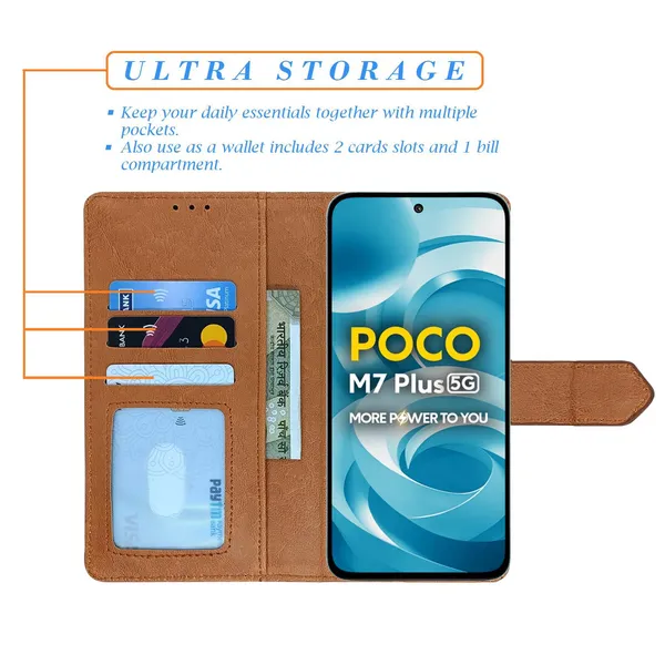 Kite_Brown_Flip_Cover_for_Poco_M7_Plus_5G|_Leather_Finish|Shock_Proof|Magnetic_Clouser_Compatible_with_Poco_M7_Plus_5G_(Brown)