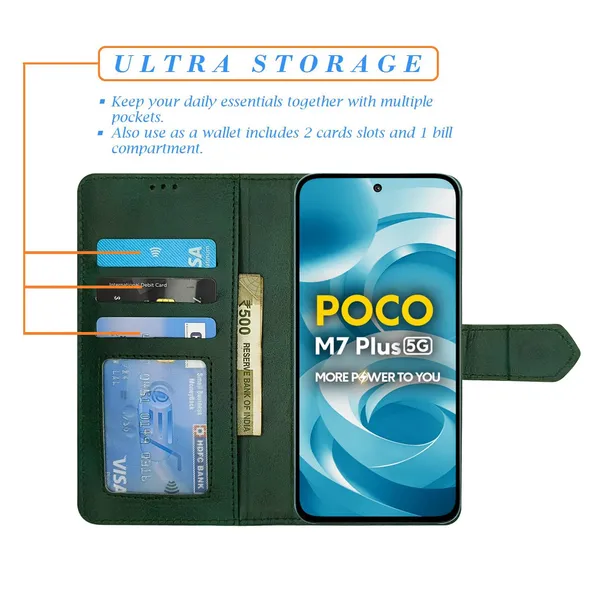 Kite_Green_Flip_Cover_for_Poco_M7_Plus_5G|_Leather_Finish|Shock_Proof|Magnetic_Clouser_Compatible_with_Poco_M7_Plus_5G_(Green)